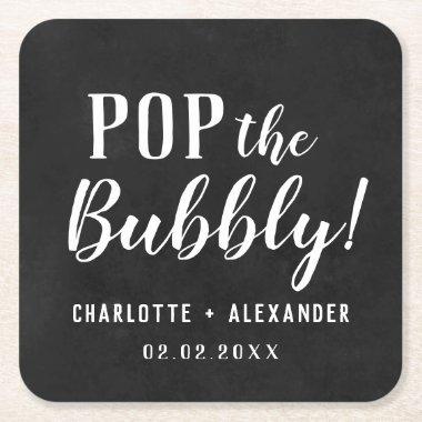 Pop The Bubbly Elegant Personalized Wedding Black Square Paper Coaster