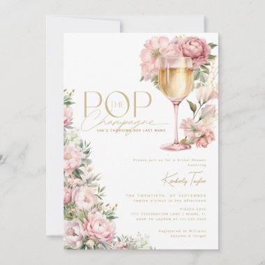 Pop The Champagne Floral Pink Bridal Shower Invitations