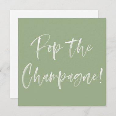 Pop The Champagne Sage Green Script Bridal Shower Invitations