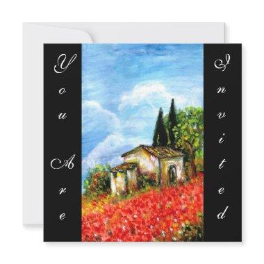 POPPIES TUSCANY LANDSCAPE Red Flower Fields Black Invitations