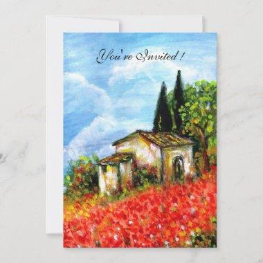 POPPIES TUSCANY LANDSCAPE Red Flower Fields Black Invitations