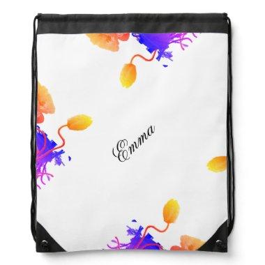 Poppy Flowers Watercolor Floral Custom Name Drawstring Bag