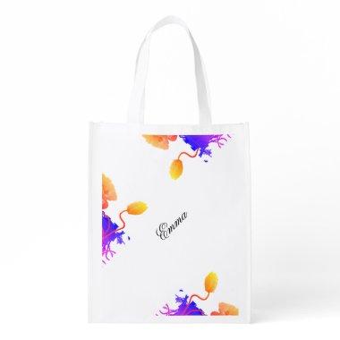 Poppy Flowers Watercolor Floral Custom Name Grocery Bag