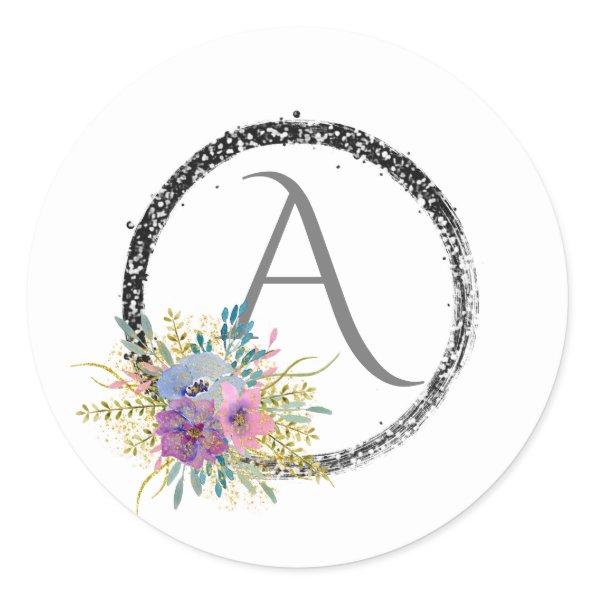 *~* Popular Floral Glitter Monogram Initial Girly Classic Round Sticker