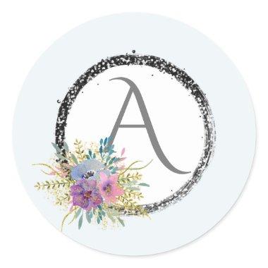 *~* Popular Girly Floral Glitter Initial Monogram Classic Round Sticker