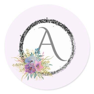 *~* Popular Girly Floral Glitter Monogram Initial Classic Round Sticker