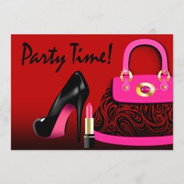 Posh Purse, High Heels and Lipstick Girls Party Invitations