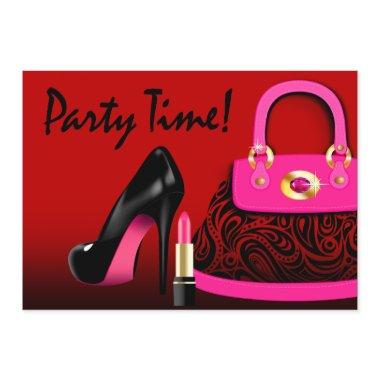 Posh Purse, High Heels and Lipstick Girls Party Invitations