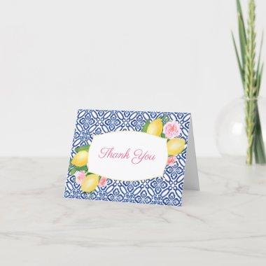 Positano Blue Tile Lemon Pink Floral Bridal Shower Thank You Invitations