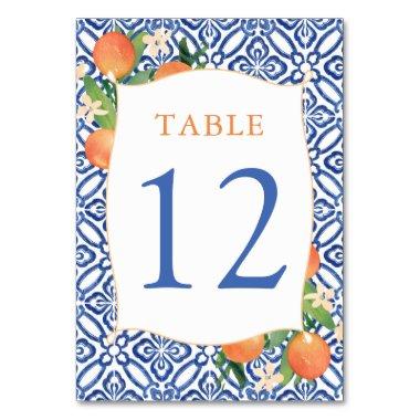 Positano Citrus Oranges Antique Blue Tiles Wedding Table Number