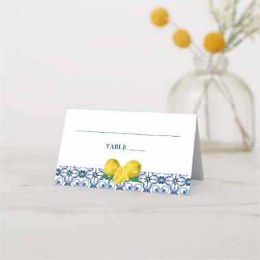 Positano Lemons Blue and White Pattern Wedding Place Invitations