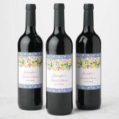 Positano Lemons Blue And White Tiles Bridal Shower Wine Label