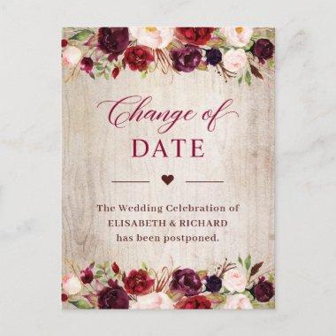 Postponed Wedding Date Rustic Wood Burgundy Floral PostInvitations