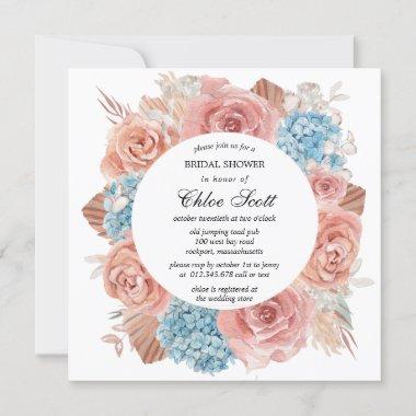 Premium Pink Rose Blue Hydrangea Bridal Shower Invitations