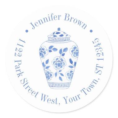 Preppy Blue And White Ginger Jar Return Address Classic Round Sticker