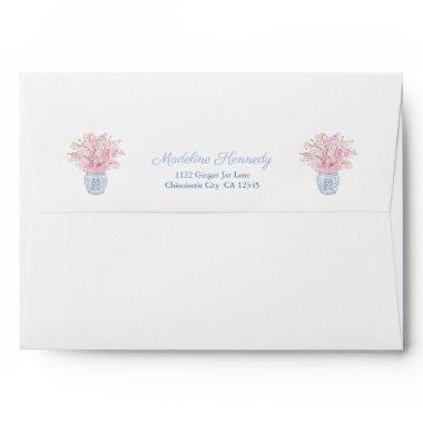 Preppy Chic Navy White Greek Key With Pink Flowers Envelope