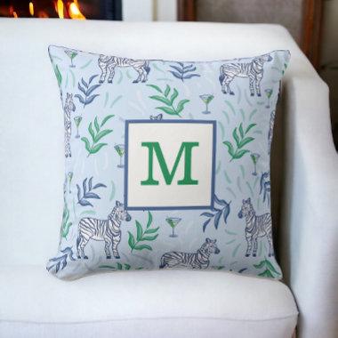 Preppy Classic Zebras and Martinis Blue Monogram Throw Pillow