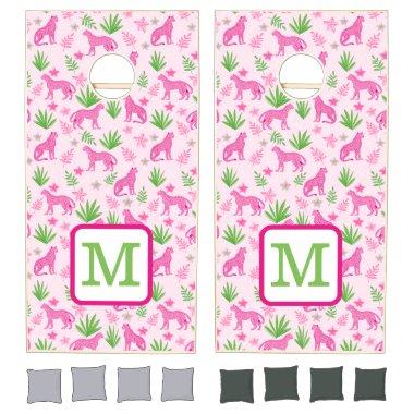 Preppy Monogram Pink Cheetah Pink Background Cornhole Set