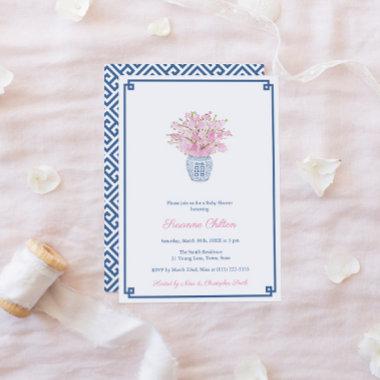 Preppy Navy And Pink Little Girl Baby Shower Party Invitations