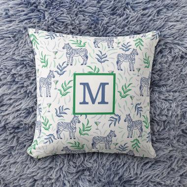 Preppy Navy Zebra Martinis White Monogram Throw Pillow