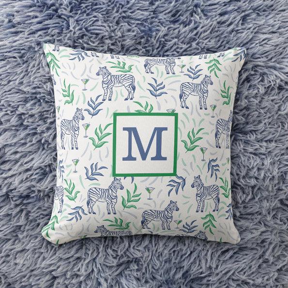 Preppy Navy Zebra Martinis White Monogram Throw Pillow