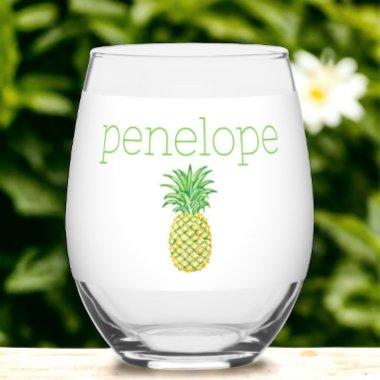 Preppy Pineaaple Stars Green Yellow Personalized Stemless Wine Glass