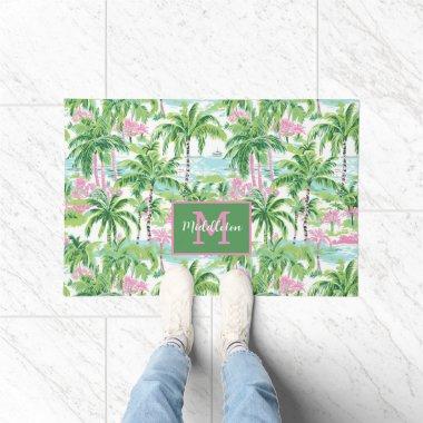 Preppy Pink and Green Tropical Palm Trees Monogram Doormat