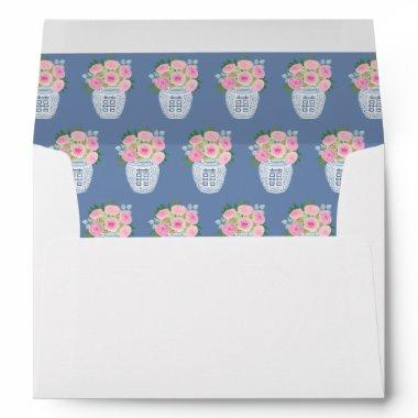 Preppy Pink Roses Navy Blue Wedding Shower Envelope