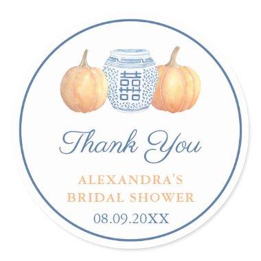Preppy Pumpkin Blue And White Bridal Shower Favor Classic Round Sticker