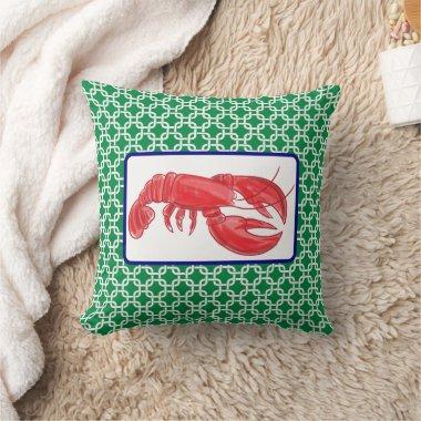 Preppy Red Lobster Green White Link Pattern Throw Pillow