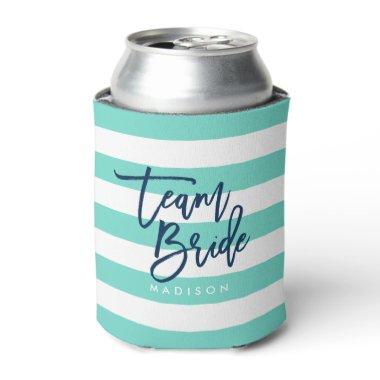 Preppy Turquoise and White Stripes Blue Team Bride Can Cooler