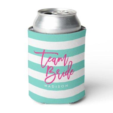 Preppy Turquoise and White Stripes Pink Team Bride Can Cooler