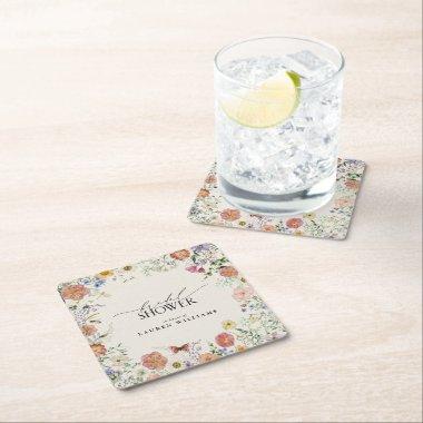 Pressed Wildflower Floral Bridal Shower Square Paper Coaster