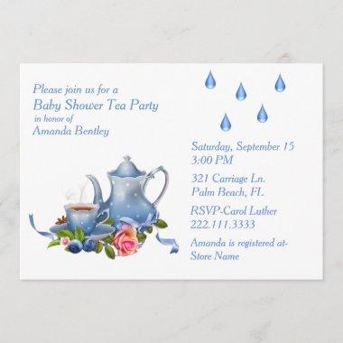 Pretty Blue Baby Shower Tea Party Invitations