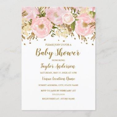 Pretty Blush Pink Gold Floral Baby Shower Invitations