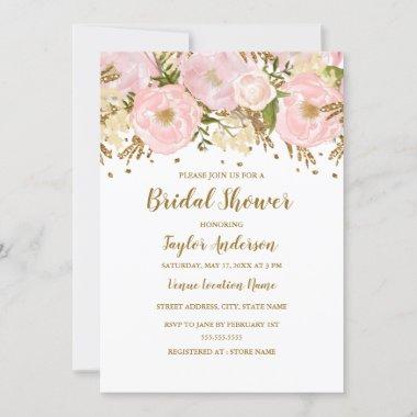 Pretty Blush Pink Gold Floral Birdal Shower Invitations