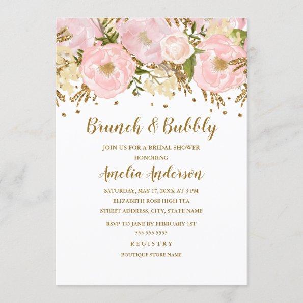 Pretty Blush Pink Gold Floral Brunch And Bubbly Invitations
