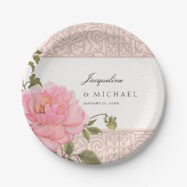 Pretty Blush Pink Grey Peony Swirl Scroll Wedding Paper Plates