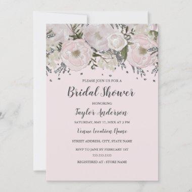 Pretty Blush Pink Silver Floral Birdal Shower Invitations
