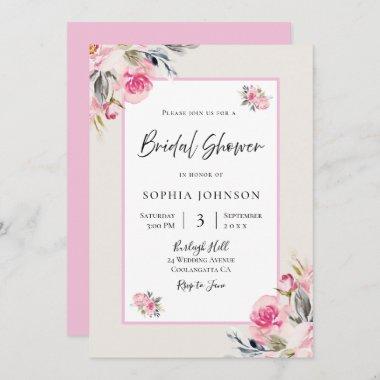 Pretty Blush Pink Watercolor Flowers Bridal Shower Invitations