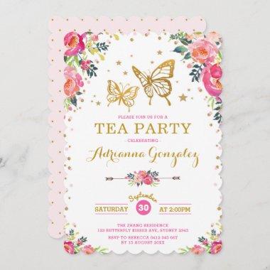 Pretty Butterfly Watercolor Floral Tea Party Invitations