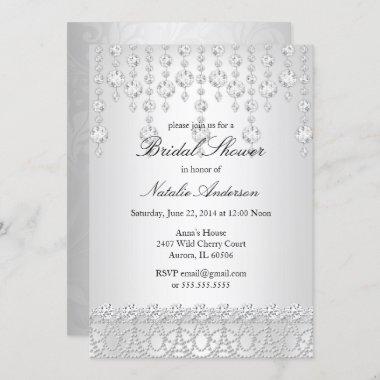 Pretty Crystal Bridal Shower Silver Gray White Invitations