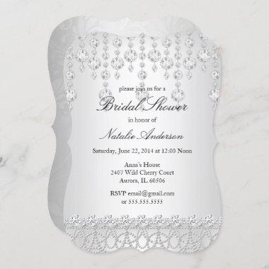 Pretty Crystal Bridal Shower Silver Gray White Invitations