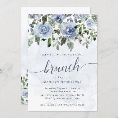 Pretty Dusty Blue Watercolor Flowers Bridal Brunch Invitations