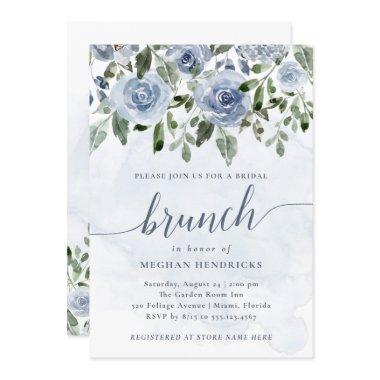 Pretty Dusty Blue Watercolor Flowers Bridal Brunch Invitations