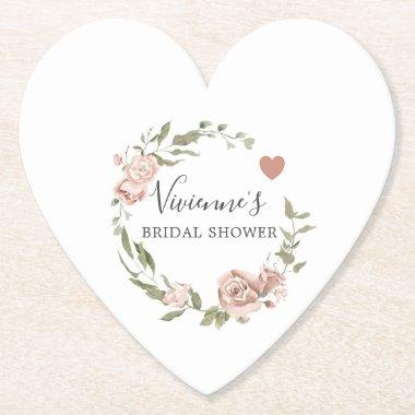 Pretty Dusty Pink Floral Bridal Shower Heart Paper Coaster