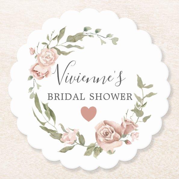 Pretty Dusty Pink Floral Bridal Shower Paper Coaster