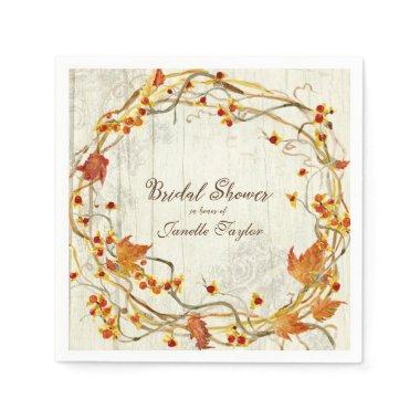 Pretty Fall Leaves Wreath Watercolor Bridal Shower Napkins