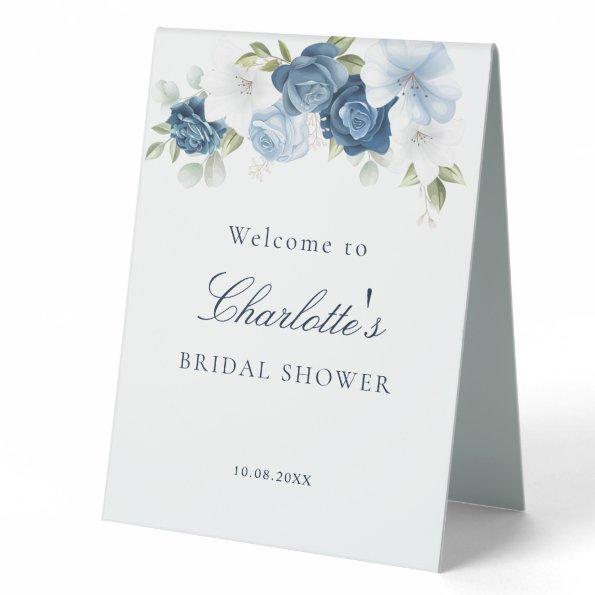 Pretty Floral Dusty Blue Bridal Shower Table Tent Sign