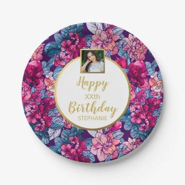 Pretty Flowers, Happy Birthday, Custom Photo Text Paper Plates
